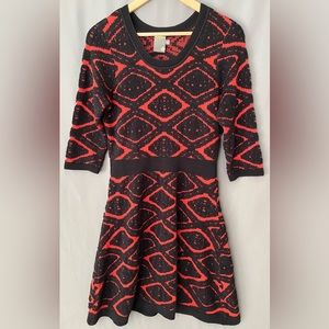 Taylor Fit n Flare Sweater Dress L Rust Black Geometric 3/4 Sleeve Stretch